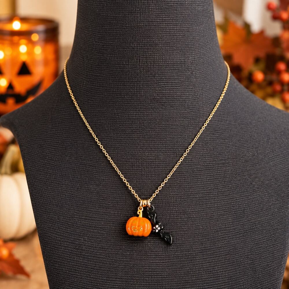 Coach Pumpkin Bat Charm Necklace Gold Tone Halloween Jewelry